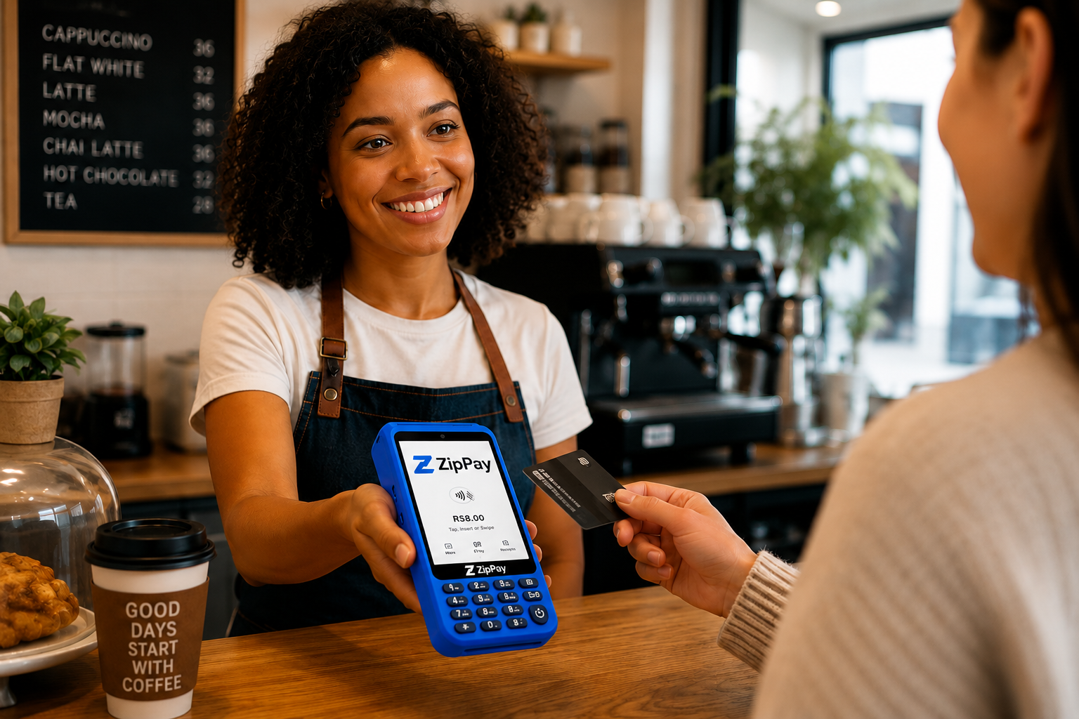 ZipPay terminal used for an in-person cafe payment